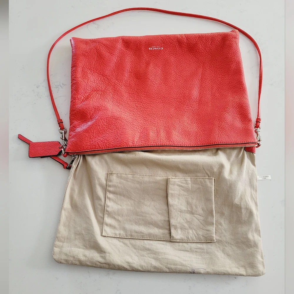 Coach Red Pebbled Leather Crossbody Bag Silver Hardware Foldover Clutch